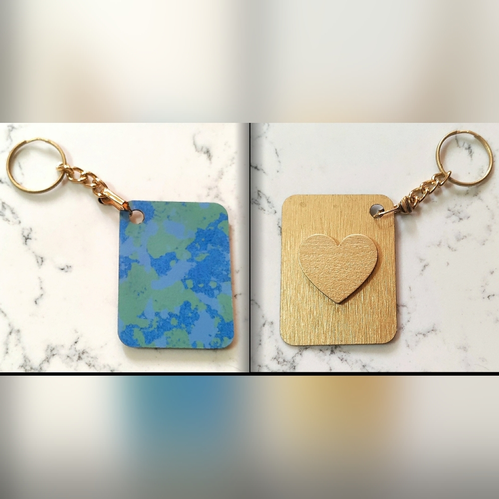 NEW Handcrafted Keychain Bag Tag! Abstract Earth. Gold Wood Heart. 2.25"x1.75"
